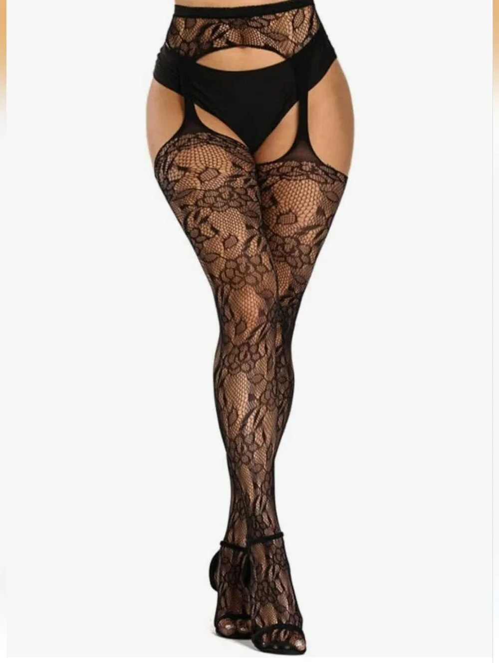 UTJH New Black Lace Garter Stockings - Sheer Floral Thigh-Highs Fishnet